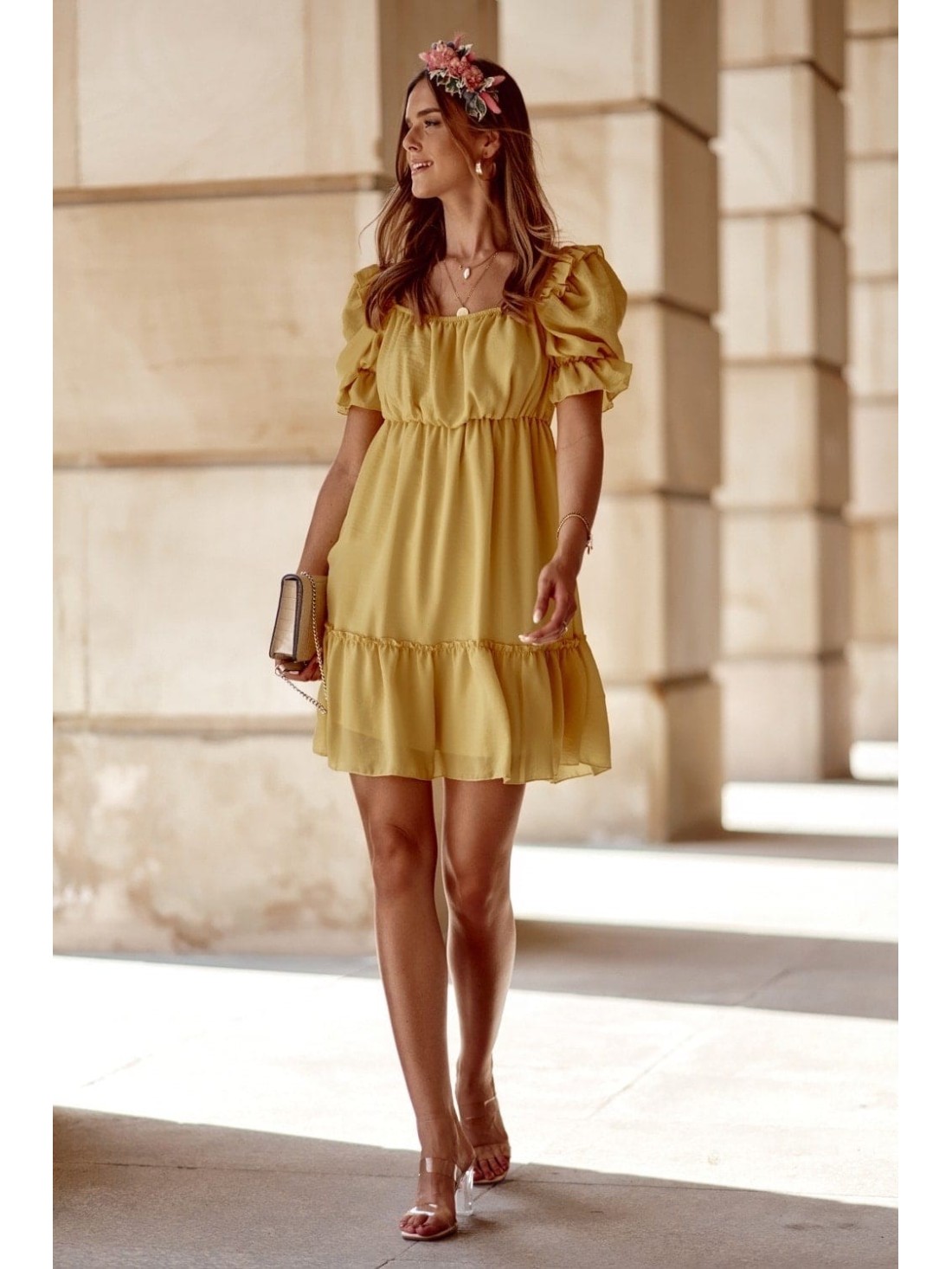 Smooth dress with ruffles, yellow 3056 - Online store - Boutique